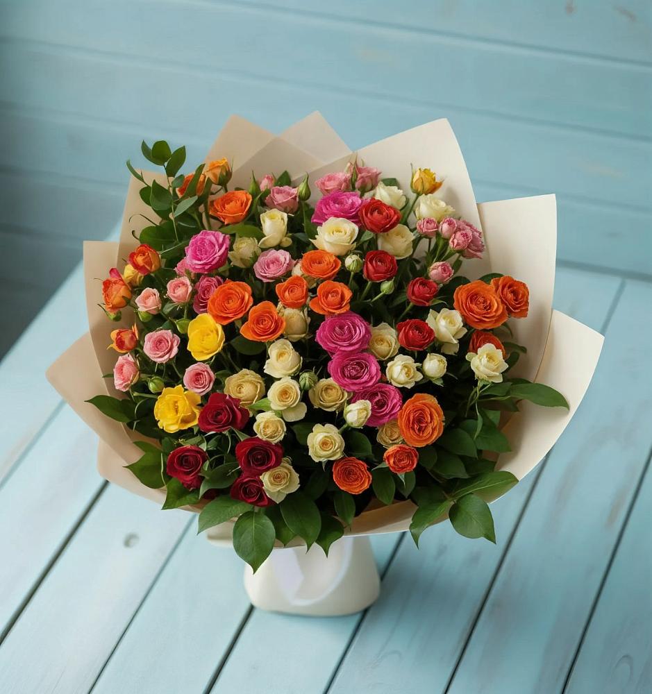 Букет Микс из разноцветных кустовых роз в Ромоданово