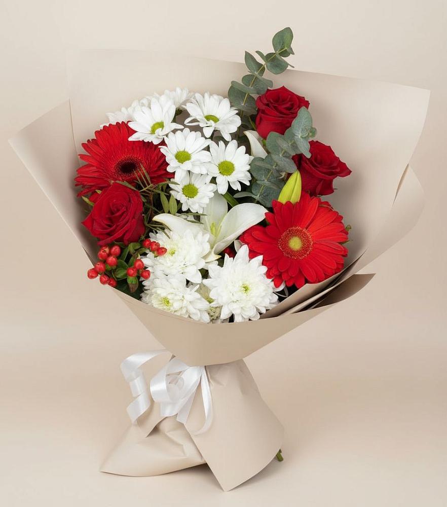 Букет цветов из: Розы, Хризантемы, Герберы и Лилии в Ромоданово