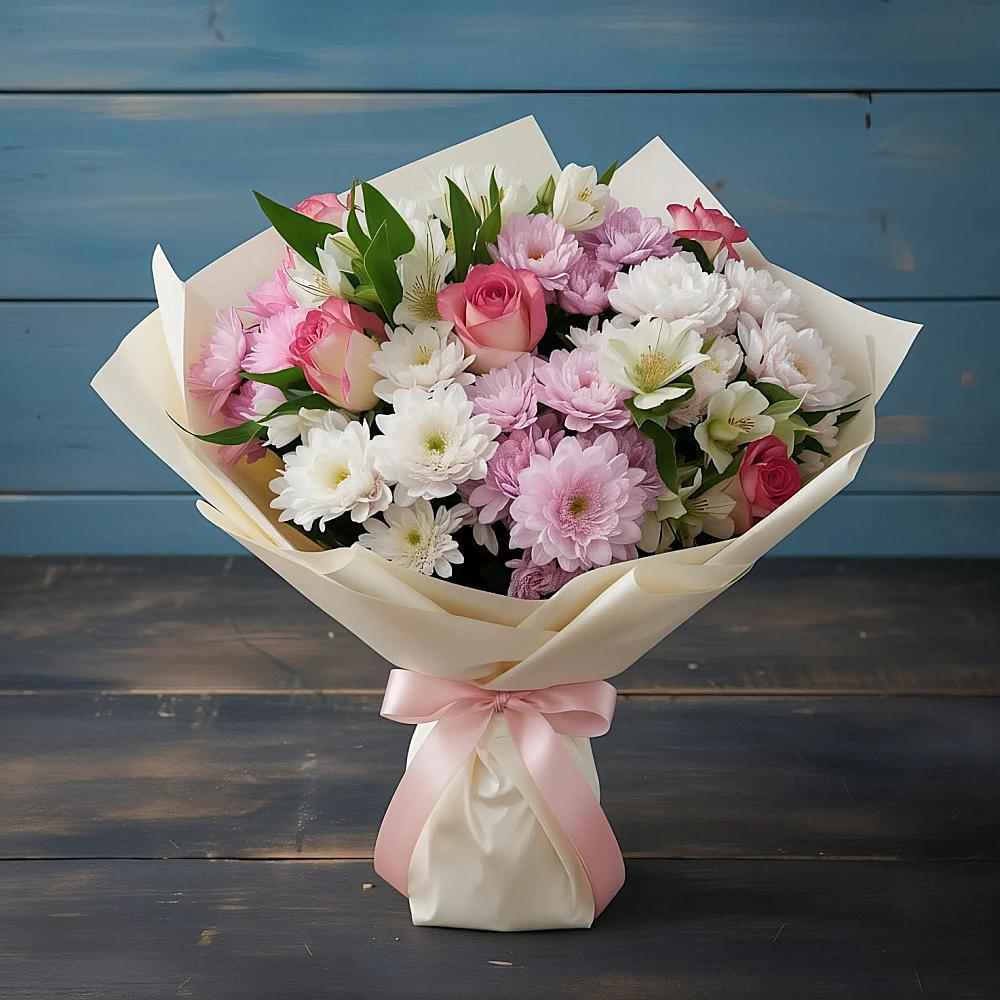 Букет цветов из: Хризантемы, Альстромерии и Розы в Ромоданово